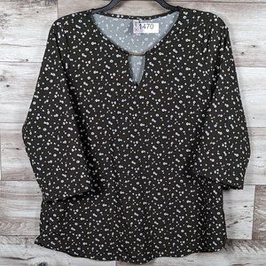 Bluss* Women's 3/4 Sleeve Boat Neck Keyhole Curved Hem Pullover Floral Blouse~XL